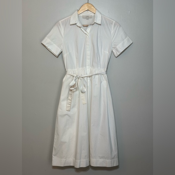 LOFT Dresses & Skirts - Loft White Short-Sleeve Shirt Dress with Tie Waist Cotton Women’s 2 #preppy#chic